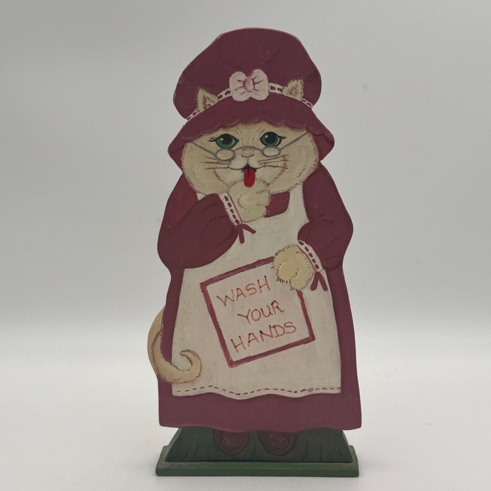 Vintage Hand Painted Wooden Cat Wash Your Hands Sign Bathroom Decor Folk Art